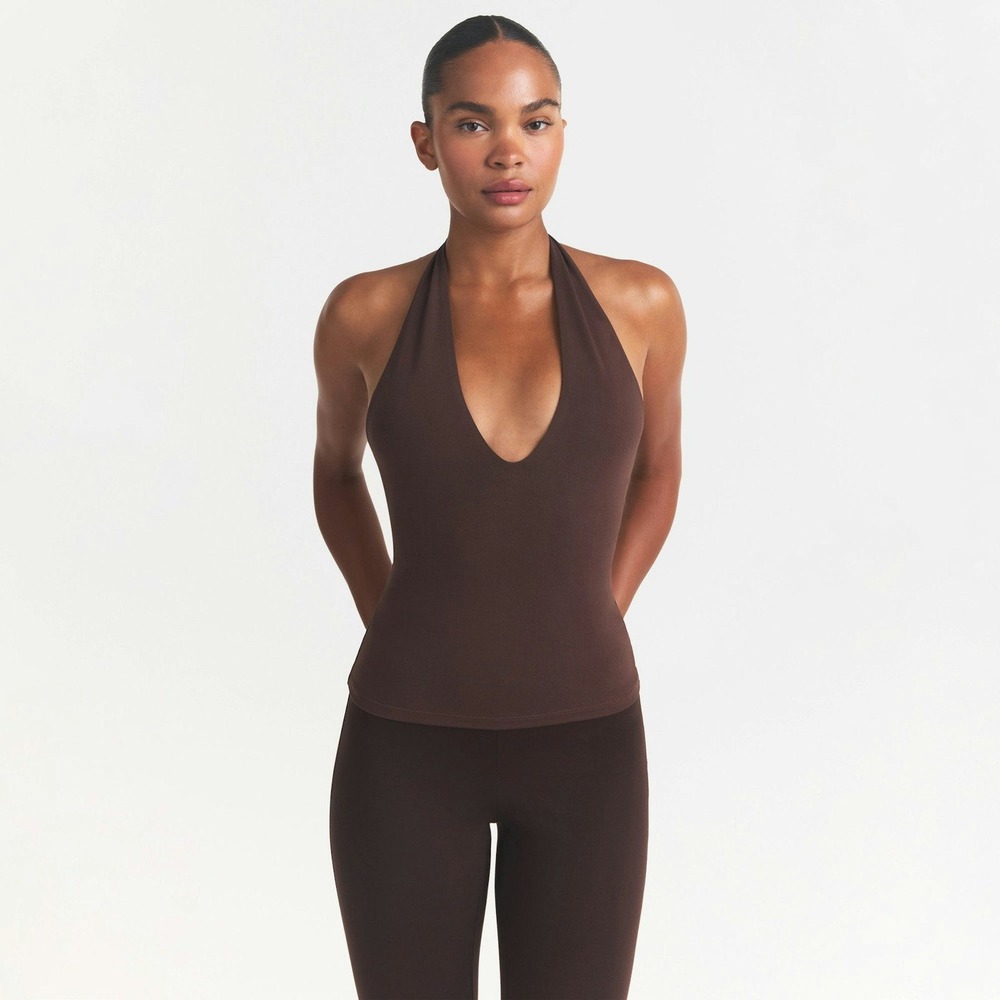 SKIMS Smooth Layers Halter Top Chocolate Brown Deep V Open Back XS TP-TNK-11868W